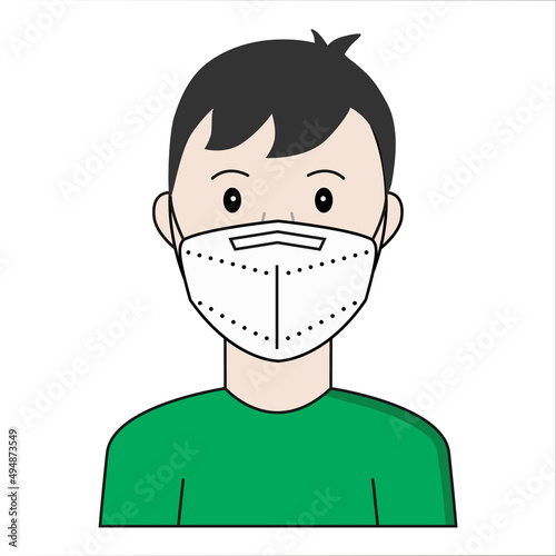 A person is wearing a white FFP2 or N95 non-valve protective face mask. Announcement, poster, sign, symbol.