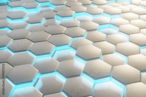 white and cyan luminous hexagons, abstract background made of geometric shapes, color structure made of honeycombs, 3d rendering