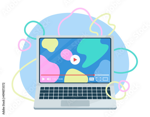 ノートパソコンで動画をストリーミング再生するコンセプトイラスト. オンライン教材や動画サイトなどの視聴.	