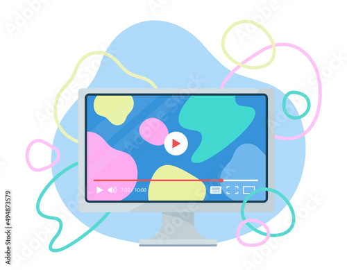 デスクトップパソコンで動画をストリーミング再生するコンセプトイラスト. オンライン教材や動画サイトなどの視聴.