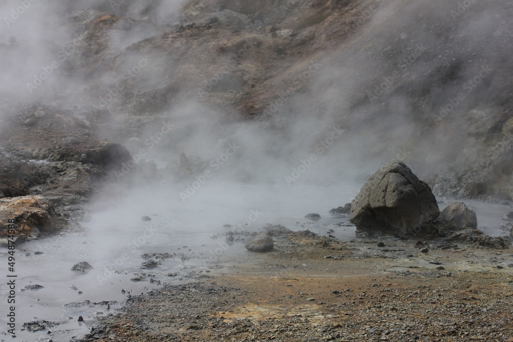 Hot bubbling volcanic mud pot, concept: heat, power, Earth formation (horizontal), Hveragerdi, Iceland
