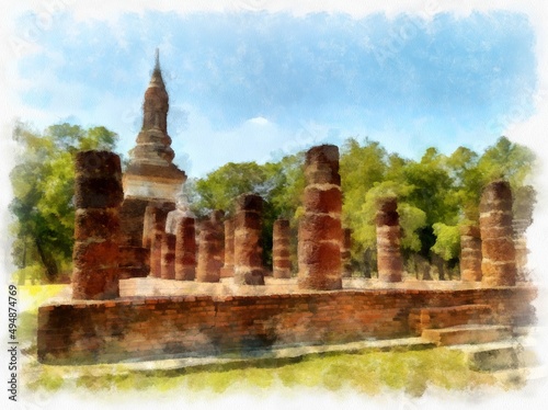 Landscape of ancient ruins in Sukhothai World Heritage Site Thailand watercolor style illustration impressionist painting. © Kittipong