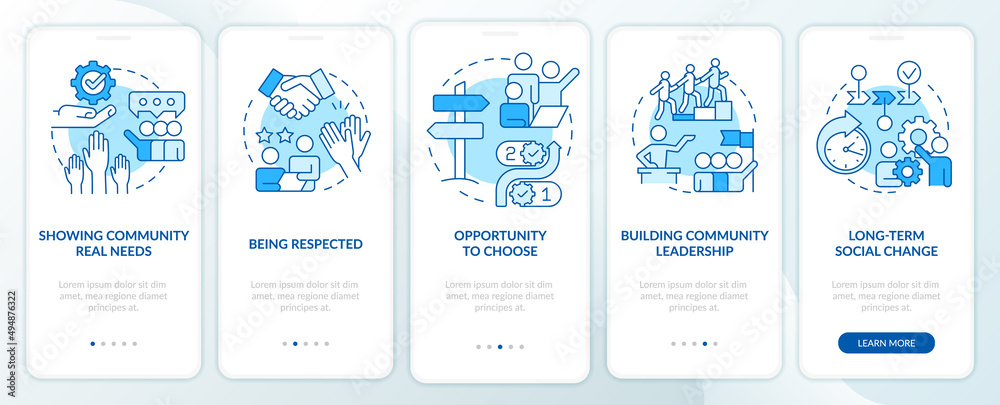 Participation reasons blue onboarding mobile app screen. Social planning walkthrough 5 steps graphic instructions pages with linear concepts. UI, UX, GUI template. Myriad Pro-Bold, Regular fonts used Participation reasons blue onboarding mobile app screen. Social planning walkthrough 5 steps graphic instructions pages with linear concepts. UI, UX, GUI template. Myriad Pro-Bold, Regular fonts used