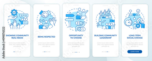 Participation reasons blue onboarding mobile app screen. Social planning walkthrough 5 steps graphic instructions pages with linear concepts. UI, UX, GUI template. Myriad Pro-Bold, Regular fonts used