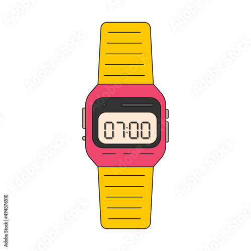 Retro electronic wrist watch. 7 o'clock on display. A wristwatch with a bracelet. Icon with an outline. Vector illustration isolated on white background.