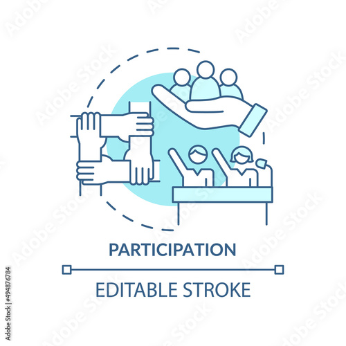 Participation turquoise concept icon. Commitment and engagement. Social planning abstract idea thin line illustration. Isolated outline drawing. Editable stroke. Arial, Myriad Pro-Bold fonts used