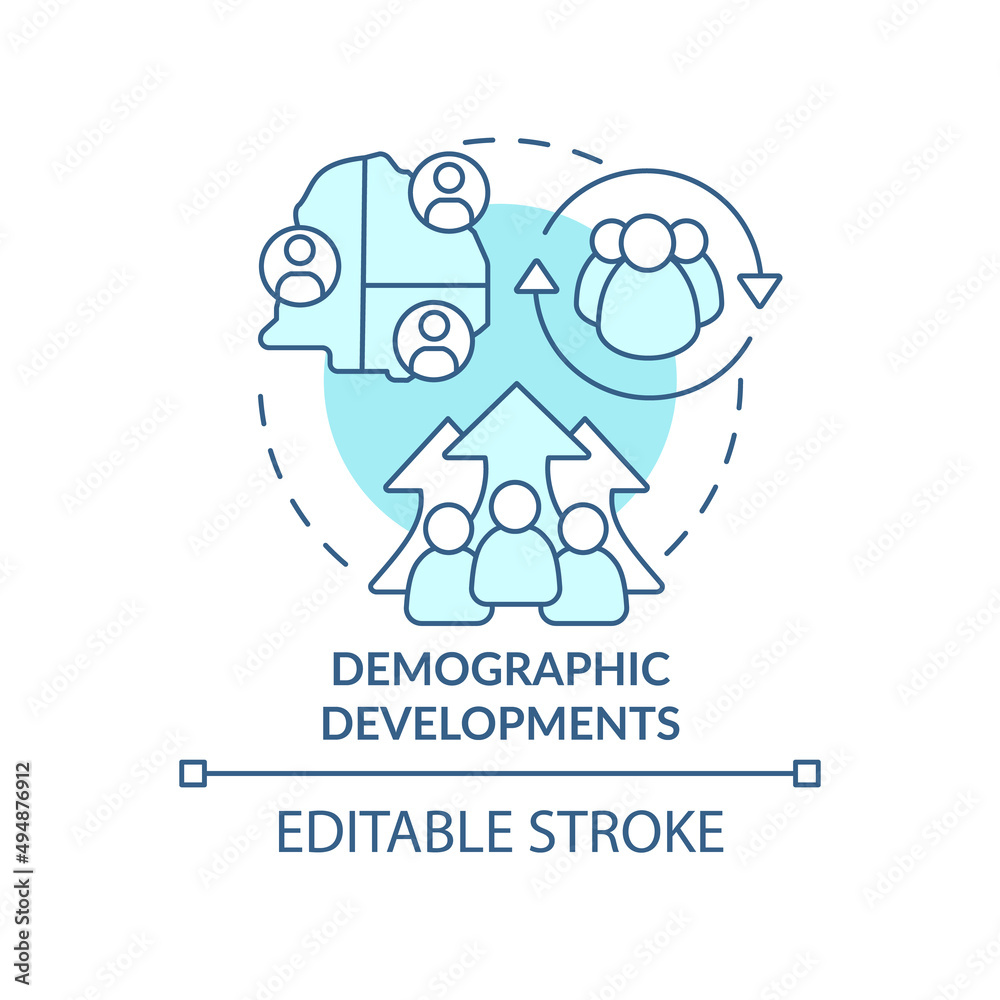 Demographic developments turquoise concept icon. Population change. Social planning abstract idea thin line illustration. Isolated outline drawing. Editable stroke. Arial, Myriad Pro-Bold fonts used Demographic developments turquoise concept icon. Population change. Social planning abstract idea thin line illustration. Isolated outline drawing. Editable stroke. Arial, Myriad Pro-Bold fonts used