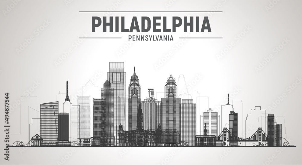 Philadelphia ( Pennsylvania USA ) line skyline at white background. Vector Illustration. Business travel and tourism concept with modern buildings. Image for presentation, banner, web site.