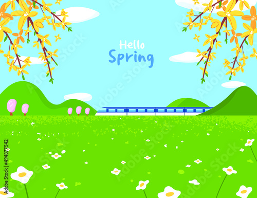 Hello spring! A train passing through a field full of flowers. Vector illustration of spring landscape background.