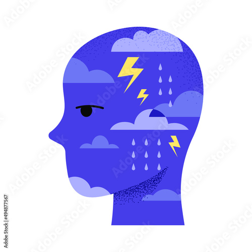 Cloudy head weather, bad emotion, melancholy, negative feeling concept illustration. Spirit and mind concept.