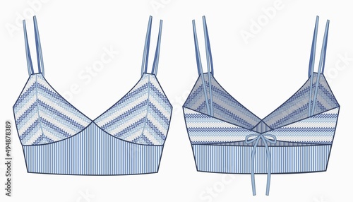 Knitted Bra fashion design. Girl knitted Crop Top fashion design. Women blue Tank top fashion concept. Vintage Bra set.