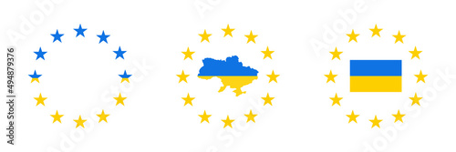 Ukraine map with european stars. Ukraine flag with european stars. Ukraine Europa signs. Stock vector. EPS 10