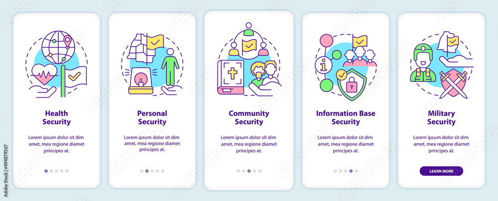 Elements of national security onboarding mobile app screen. Walkthrough 5 steps graphic instructions pages with linear concepts. UI, UX, GUI template. Myriad Pro-Bold, Regular fonts used