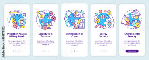 National security and protection onboarding mobile app screen. Walkthrough 5 steps graphic instructions pages with linear concepts. UI, UX, GUI template. Myriad Pro-Bold, Regular fonts used