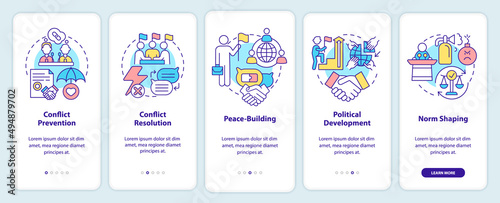 Community security onboarding mobile app screen. National protection walkthrough 5 steps graphic instructions pages with linear concepts. UI, UX, GUI template. Myriad Pro-Bold, Regular fonts used