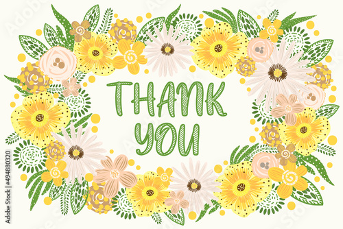  Thank you card design with frame made of spring flowers and leaves. Doodle style.