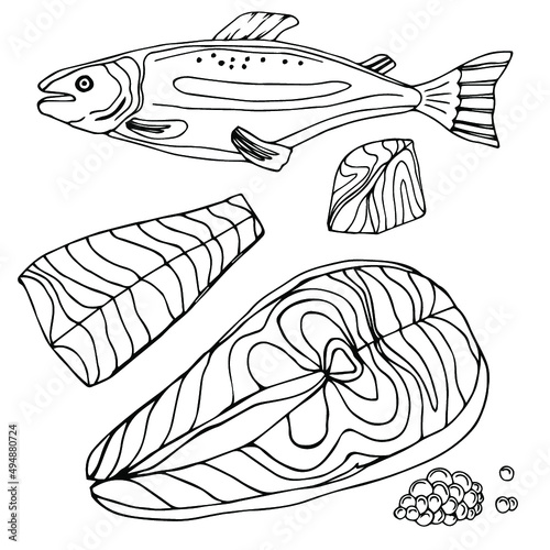Caviar sketch illustration. Salmon caviar drawing. Vector vintage fish food. Black red fish egg in hand drawn doodle design. 