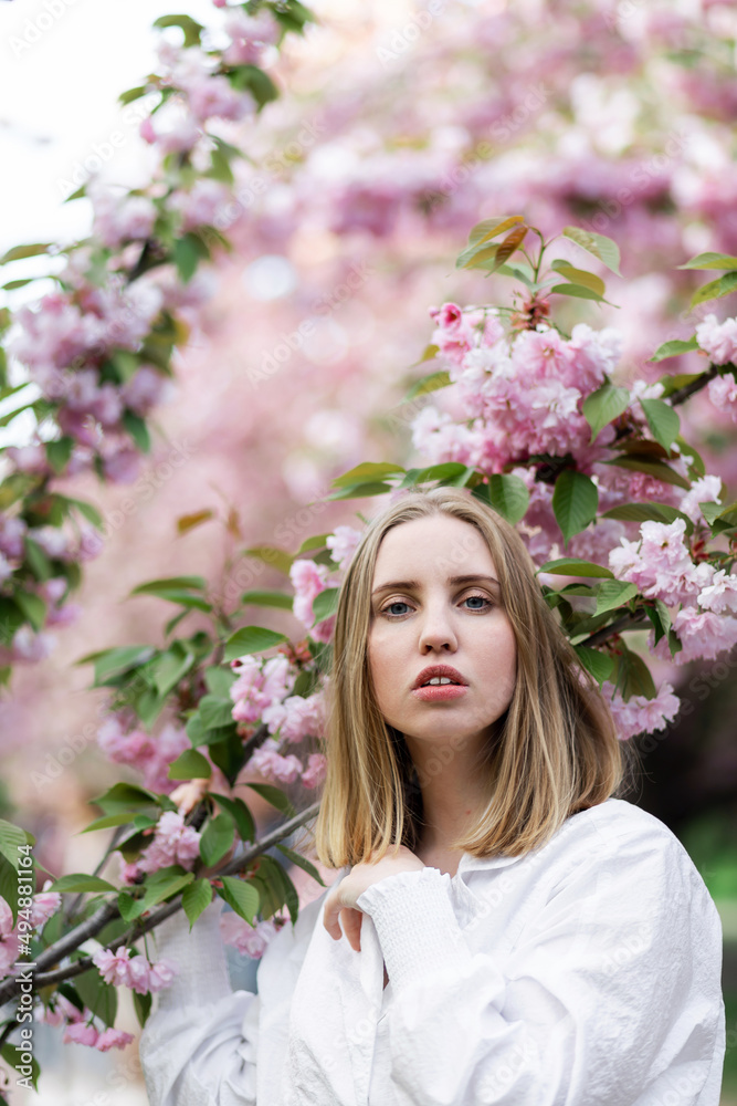Fototapeta premium A blonde woman in a white shirt poses near the cherry blossoms. Spring mood