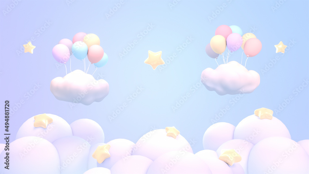 3d rendered cartoon pastel blue balloons sky.