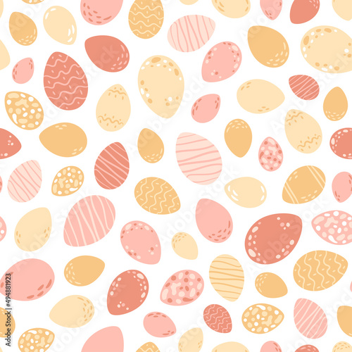 Easter eggs seamless pattern. Colorful patterned holiday elements. Abstract vector illustration in pastel yellow, pink and red colors. Traditional background.