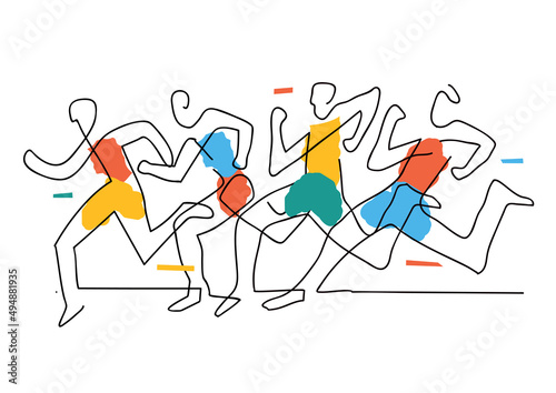 Running race, line art stylized.
Expressive Illustration of group of running racers. Continuous line drawing design. Vector available.