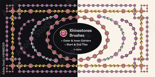 Pattern brushes with pink spinel rhinestones and metal beads. Chain brushes with corners, end and start tiles. Gold and silver version. Isolated on white and black background.