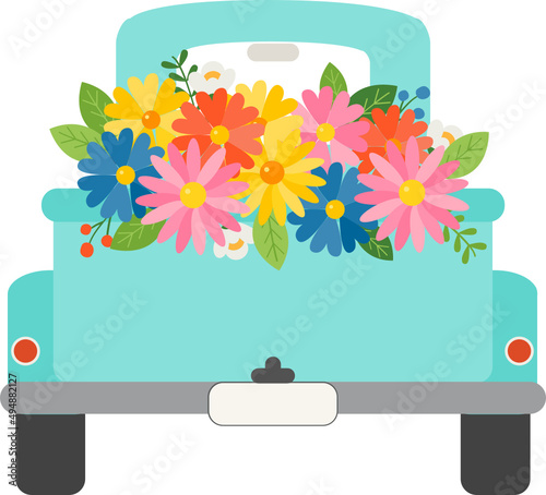 Blue Pickup Truck with flowers, Flower Truck, Spring