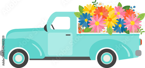Blue Pickup Truck with flowers, Flower Truck, Spring