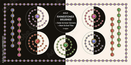 Pattern gold brushes with color rhinestones. Colors of crystals are colors of amethyst, ruby, emerald, sapphire, spinel gems. Chain brushes with corners, end and start tiles. Isolated on black, white