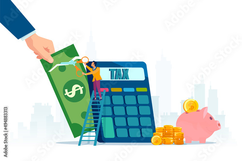 Vector of a businessman cutting tax money with scissors