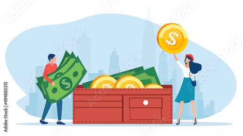 Vector of a couple counting cash in a wallet. Family budget and finance concept