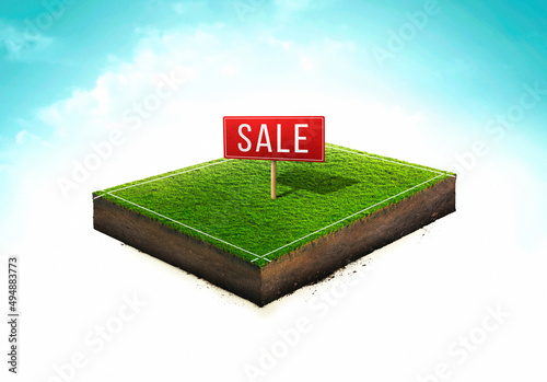 Grass and geology cross section with Land for sale sign, estate investment, land plot for construction project. 3d ground slice section 