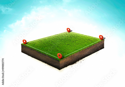 Location pin icon on green land plot, estate investment, land plot for construction project. 3d ground slice section photo