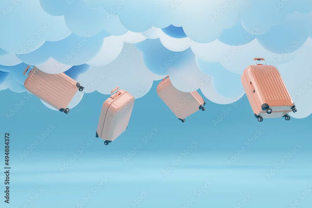 Fototapeta premium travel suitcases falling from artificial clouds