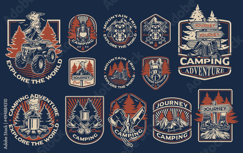 Set of vintage illustration for the camping theme for black background. Perfect for posters  apparel  T-shirt design  and many other uses.  Text in a separate group