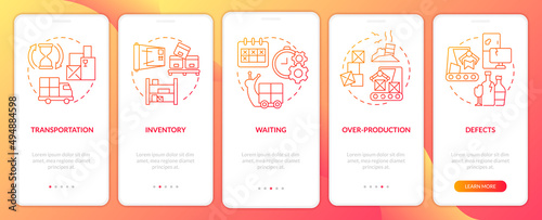 Types of muda red gradient onboarding mobile app screen. Production waste walkthrough 5 steps graphic instructions pages with linear concepts. UI, UX, GUI template. Myriad Pro-Bold, Regular fonts used