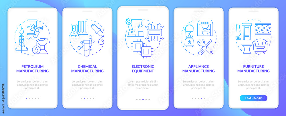 Production sub sectors blue gradient onboarding mobile app screen. Walkthrough 5 steps graphic instructions pages with linear concepts. UI, UX, GUI template. Myriad Pro-Bold, Regular fonts used Production sub sectors blue gradient onboarding mobile app screen. Walkthrough 5 steps graphic instructions pages with linear concepts. UI, UX, GUI template. Myriad Pro-Bold, Regular fonts used
