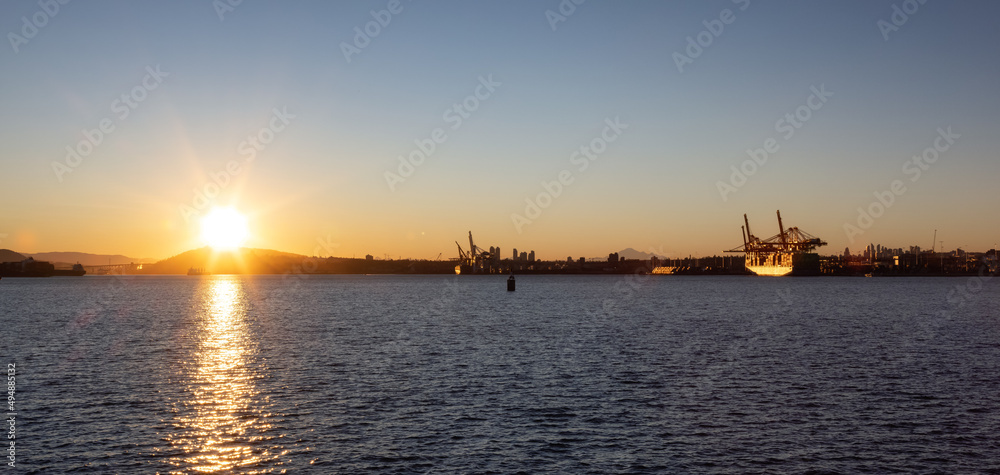 Vancouver Harbour Panoramic View. Industrial Port with Ships. Sunny Winter Sunrise. British Columbia, Canada. Vancouver Harbour Panoramic View. Industrial Port with Ships. Sunny Winter Sunrise. British Columbia, Canada.
