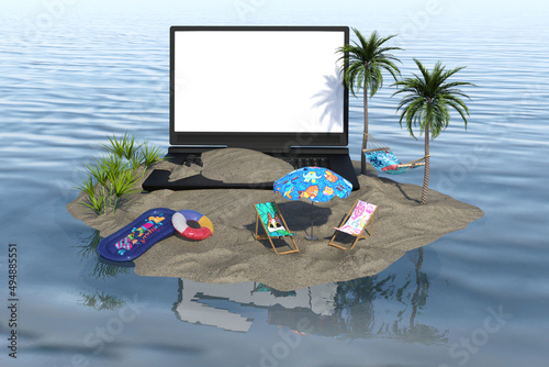 Creative summer beach on laptop with blue background. 3d rendering photo