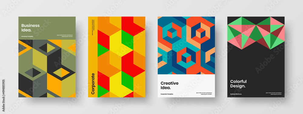 Fresh mosaic hexagons catalog cover concept bundle. Clean handbill vector design layout composition.
