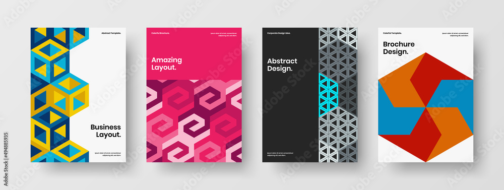 Minimalistic mosaic shapes brochure concept set. Colorful company identity vector design layout bundle.