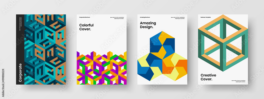 Premium mosaic hexagons corporate cover illustration composition. Simple front page A4 vector design template set.