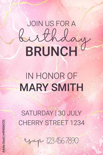 Rose pink liquid watercolor background with golden dots. Dusty blush marble alcohol ink drawing effect. Vector illustration design template for wedding or party invitation, menu, rsvp