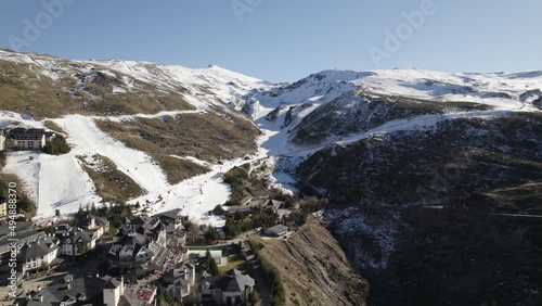 Sierra Nevada Ski Resort, Spain. Aerial view, snowy winter white scene
