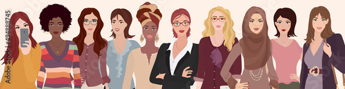 Group diversity women and girls.Portrait of multicultural and multiethnic women.Female social network community.Racial equality. Allyship. Empowerment.Colleagues or co-workers.Teamwork
