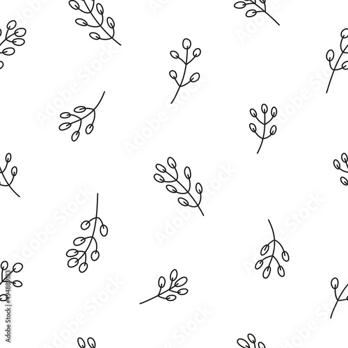 Seamless pattern with outline pussy willow twigs.