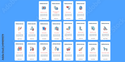 Medical devices onboarding mobile app screens. Treatment steps menu. Emergency first aid kit. Health concept.Set of UI, UX, web template with RGB color linear icons