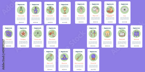Magical arts onboarding mobile app screens. Witchcraft, divination, spells and potions. Rituals steps menu. Set of UI, UX, web template with RGB color linear icons