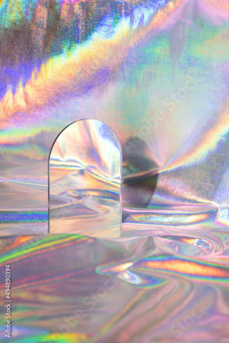Photographie vapor wave still life abstract holographic iridescent fabric with archway door m