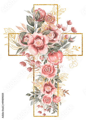 Fototapeta Watercolor hand painted Pink Florals Cross Clipart, Easter Religious flowers ill